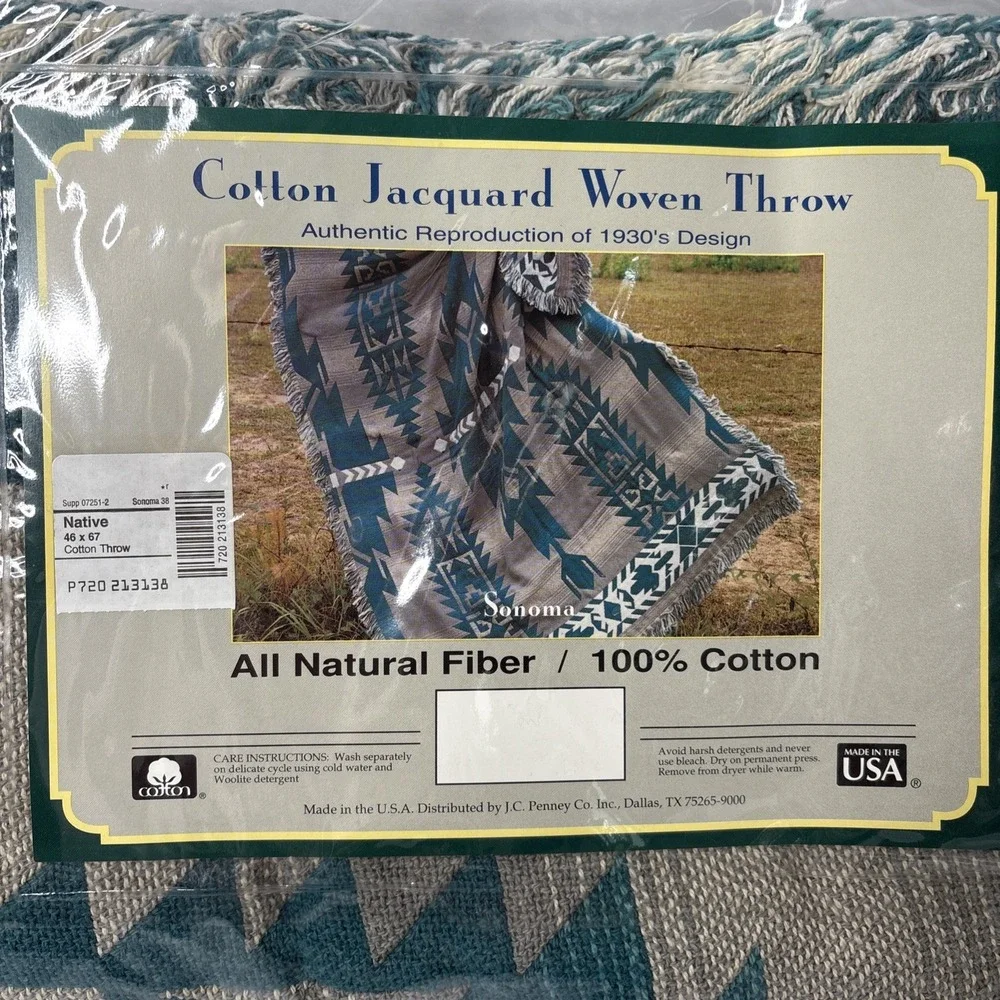 Sonoma Cotton Jacquard Woven‎ Throw NATIVE Blanket 46x67 Green Beige USA NEW